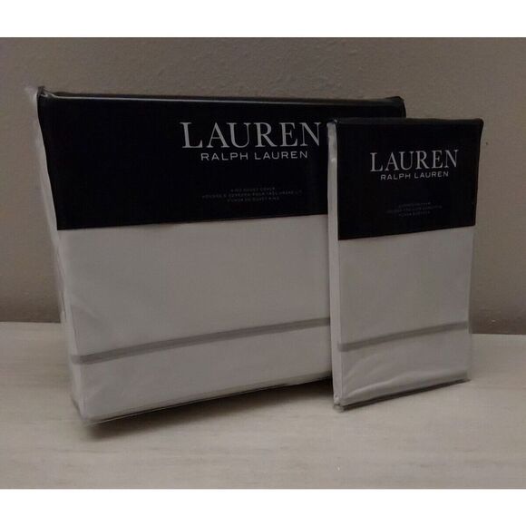 Ralph Lauren SPENCER BORDER SATEEN Cotton WHT SAGE King Duvet Cover w/Euro Sham - Picture 1 of 16